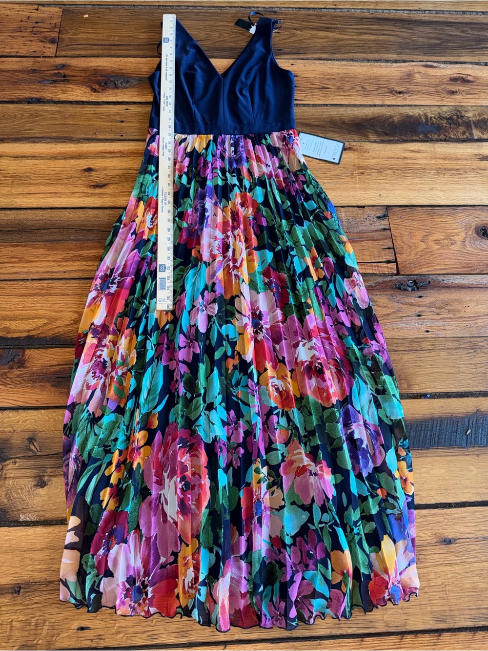 Xscape V-Neck Maxi Dress with Navy Bodice and Multi-Color Floral Skirt - Picture 5 of 9